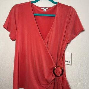 Bar III Coral-Red Wrap Short Sleeve Top with Decorative Ring